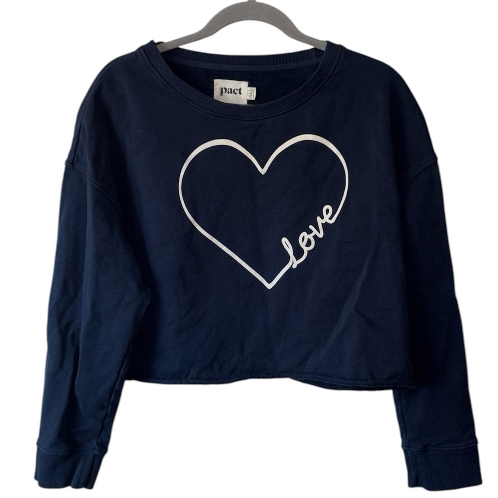 PACT Organic Cotton Heart Love Graphic Cropped Sweatshirt Large Navy